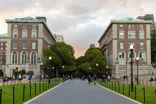 Columbia University campus walkway at dusk