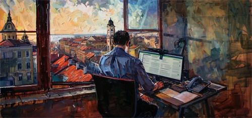 Painting of man working at desk with city view