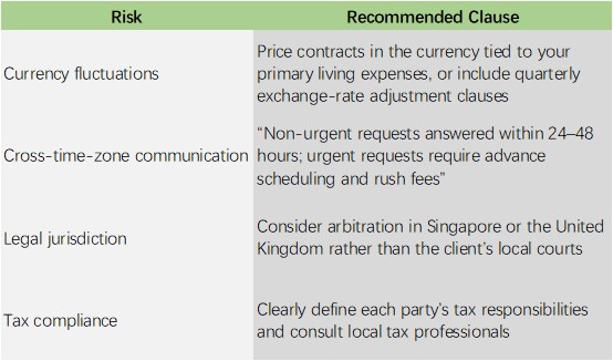 Table listing key risks for digital nomads (currency, time zones, jurisdiction, tax) and recommended contract clauses to address them