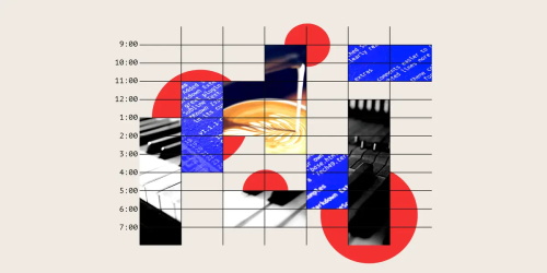 Collage of daily schedule with coffee, piano and code