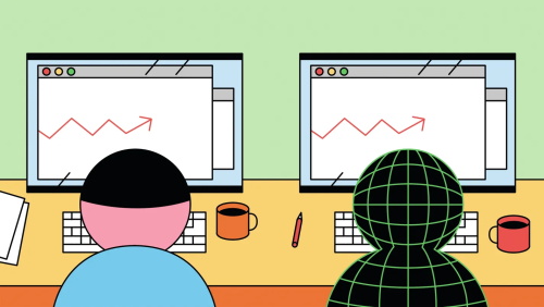 Two people, one human and one digital, working on computers with growth charts