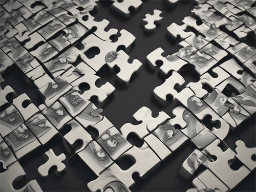 Scattered white jigsaw puzzle pieces, some printed with portraits, lie on a dark background