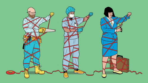 Three people (tradesman, surgeon, businesswoman) wrapped in red tape, each using a tool to cut free
