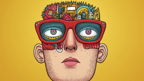 Cartoon illustration of a man with red glasses and a cityscape-like brain on his head, yellow background