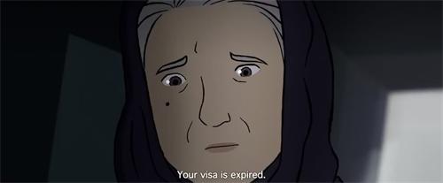 Animated scene of a character being told Your visa is expired