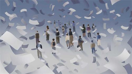 People surrounded by flying papers